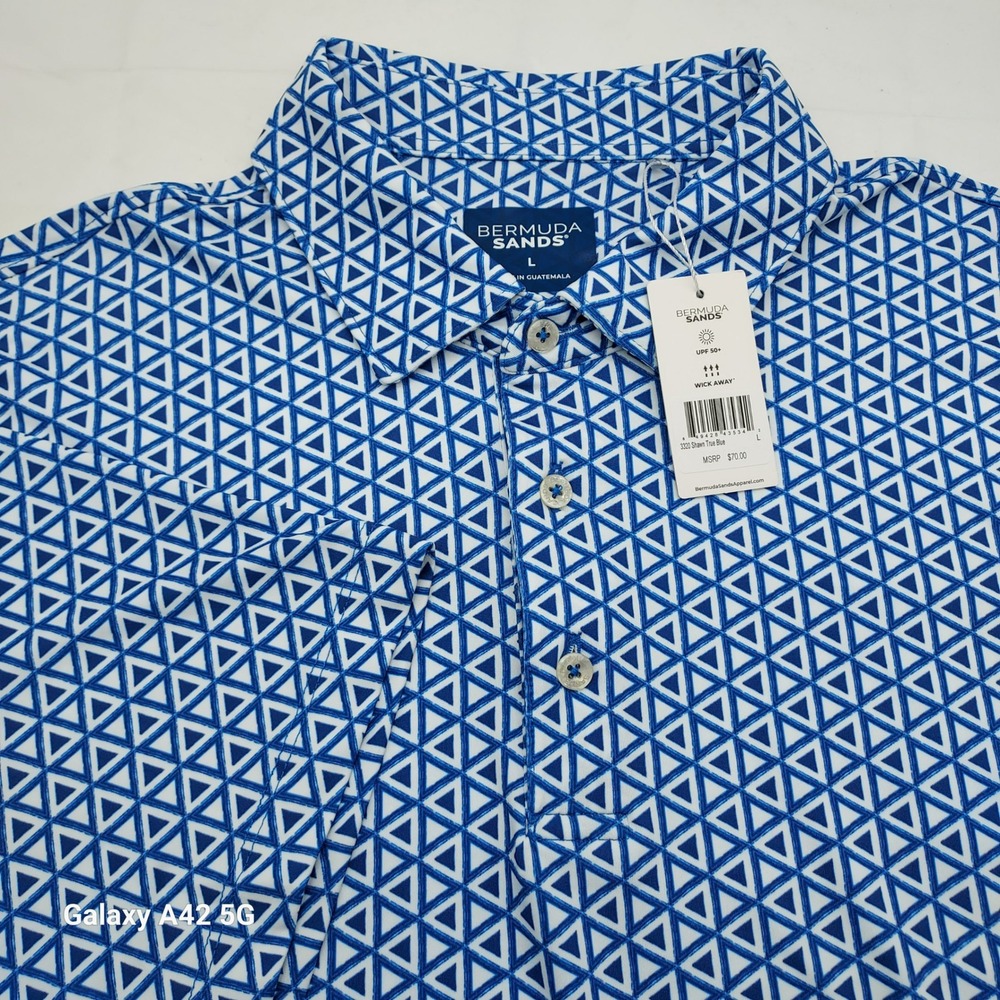 Bermuda Sands Shawn Polo Shirt Mens Large Blue Geometric Triangle UPF 50 Golf